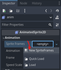 Exemplo de como adicionar uma animação ao nó AnimatedSprite2D